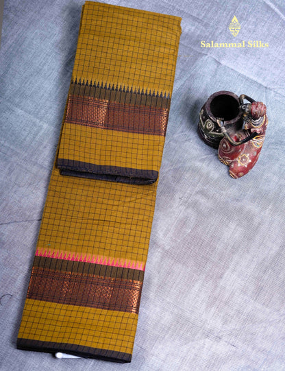 Kanjivaram  Pure Cotton Saree Olive Mustard Yellow Checks Without Blouse