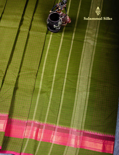 Kanjivaram  Pure Cotton Saree Olive Mustard Yellow Checks Without Blouse