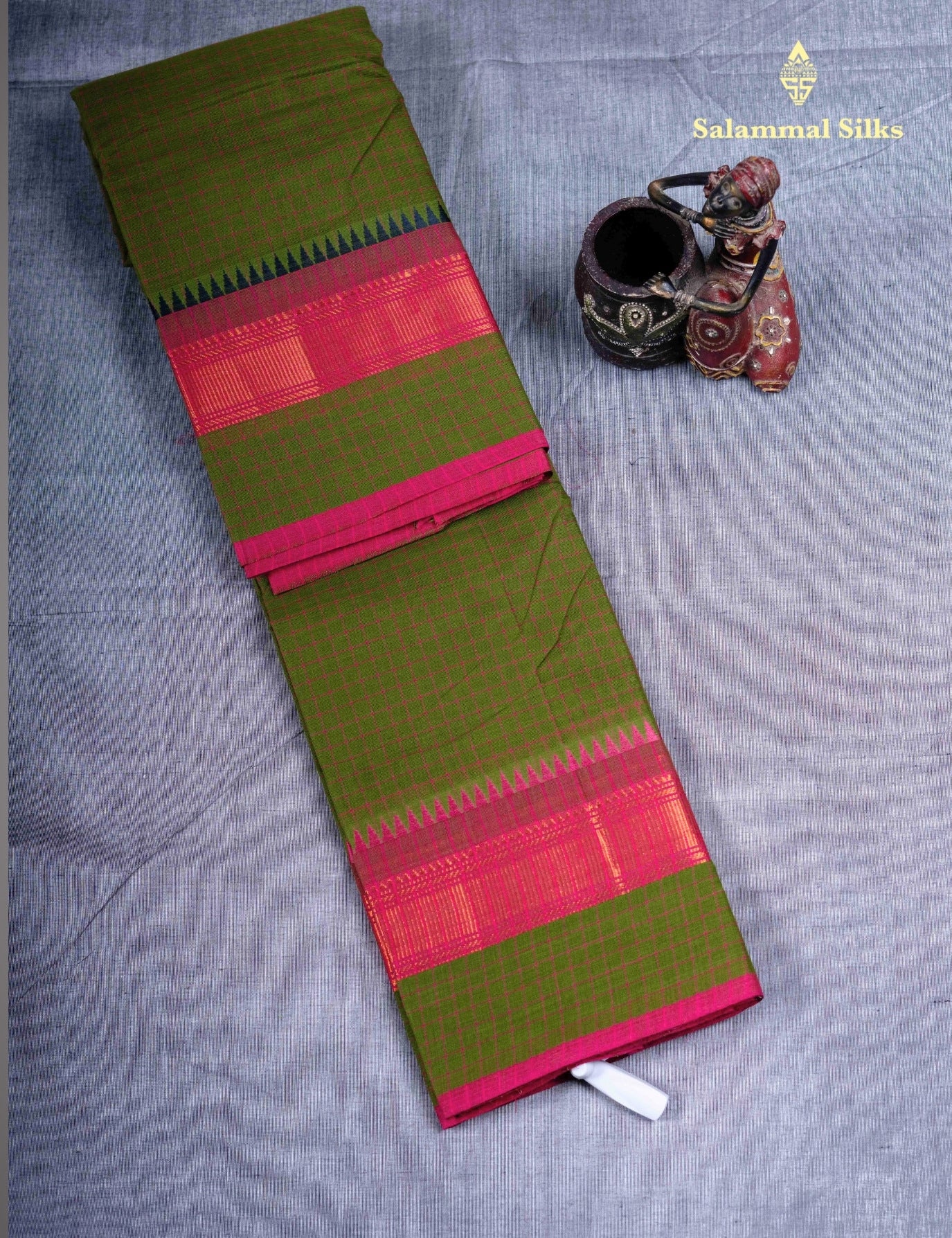 Kanjivaram  Pure Cotton Saree Olive Mustard Yellow Checks Without Blouse