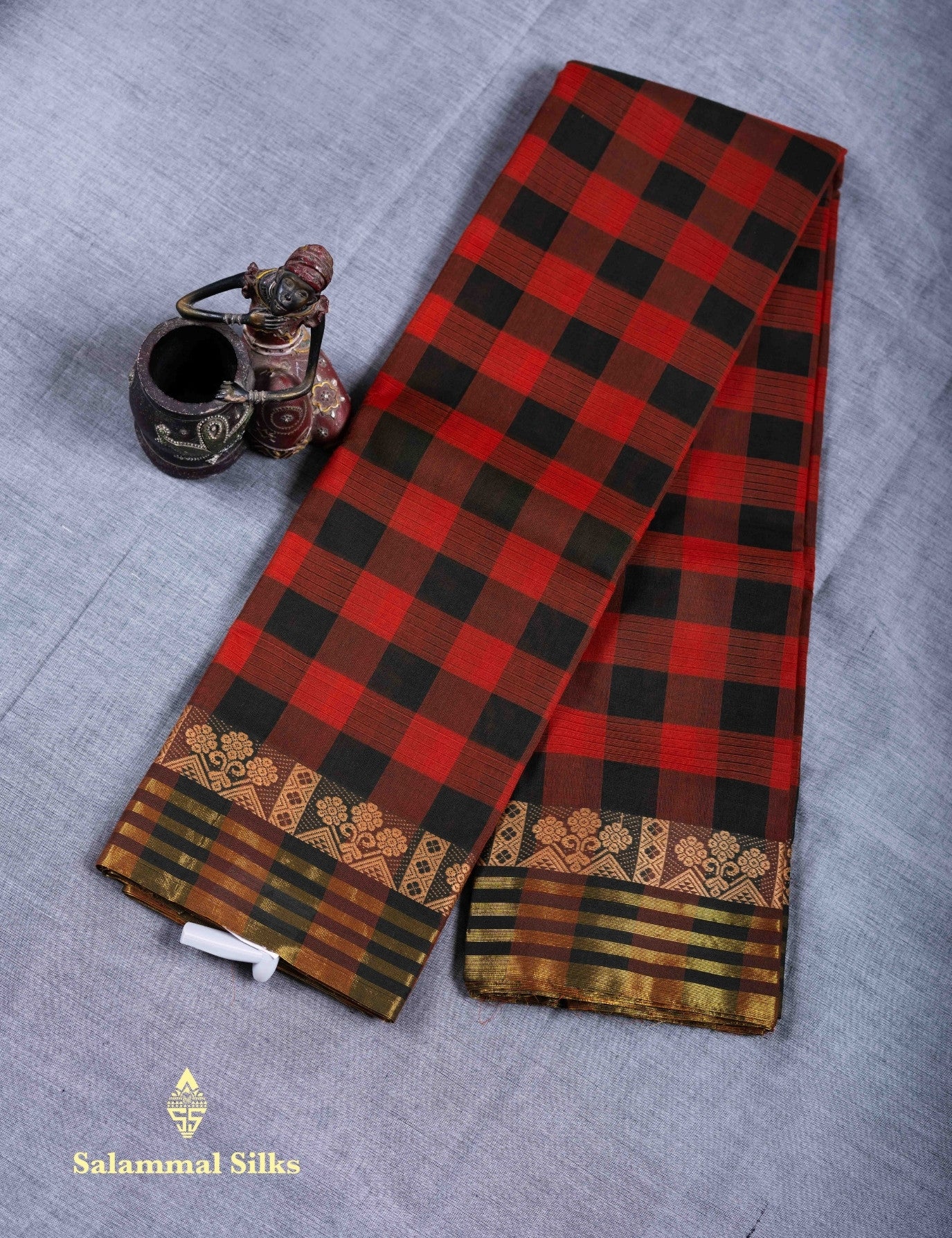 Kanjivaram Pink And Navy Blue Checks Pure Cotton Saree Without Blouse