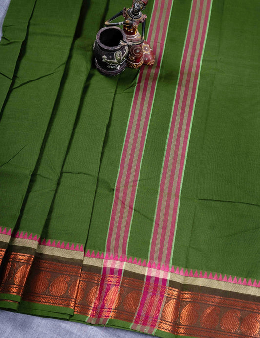 Kanjivaram Pure Cotton Plain Saree Army Green Colour Without Blouse