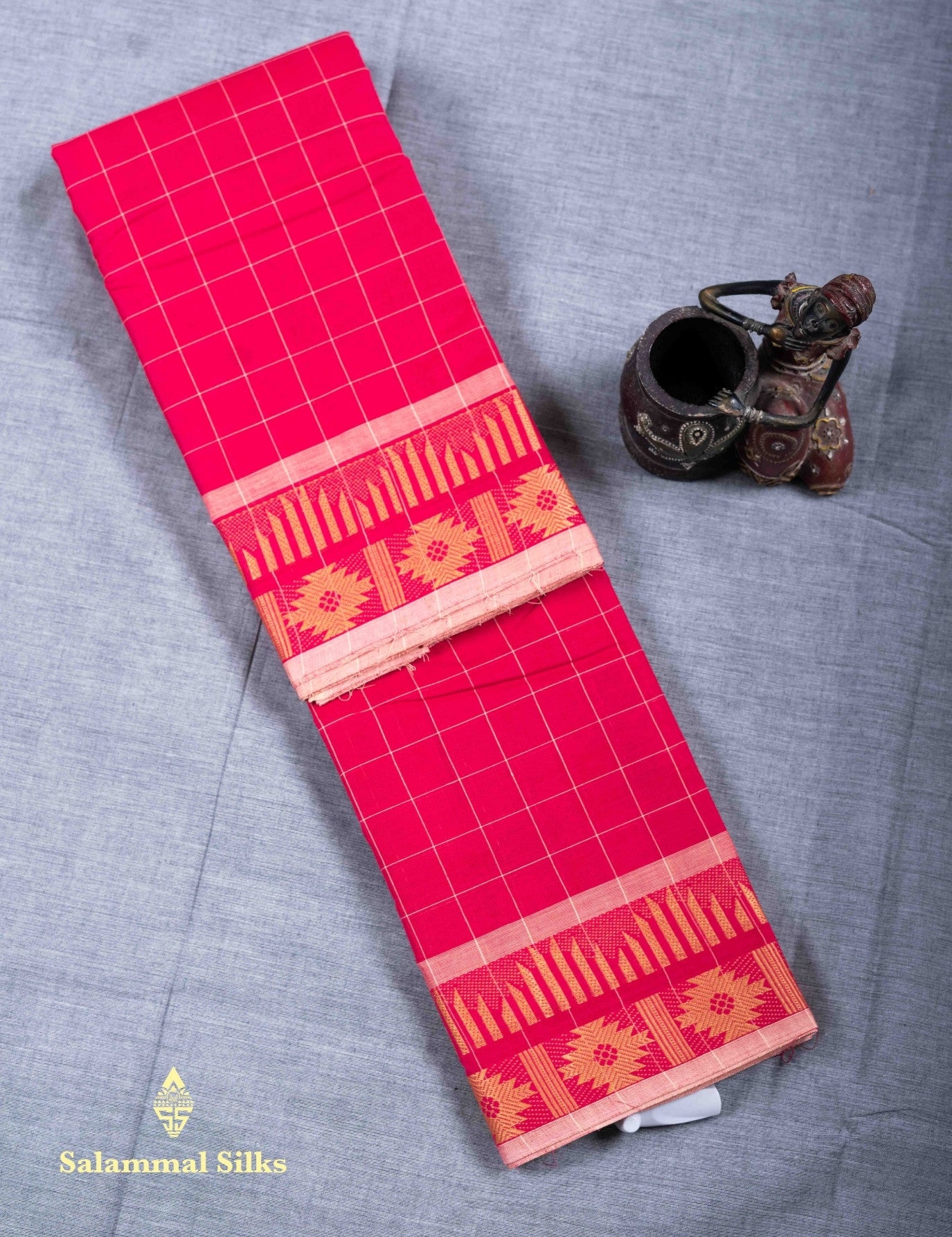 Kanjivaram  Pure Cotton Saree Pink Colour Checks Without Blouse