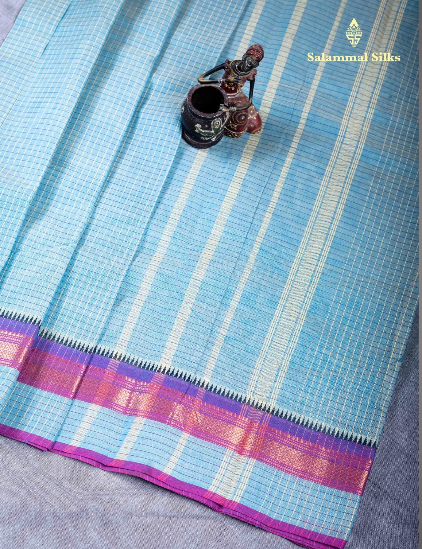 Kanjivaram  Pure Cotton Saree Olive Mustard Yellow Checks Without Blouse