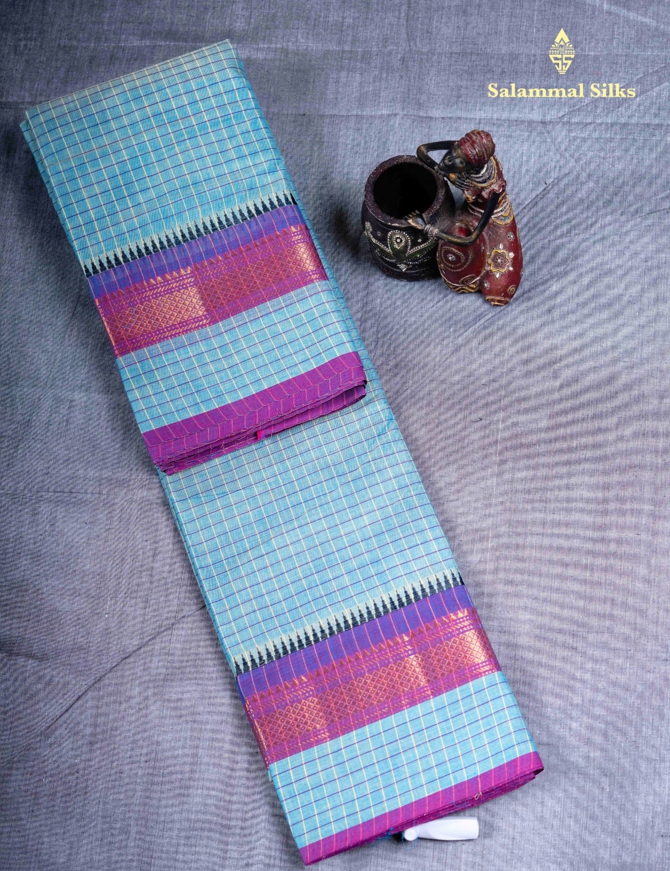 Kanjivaram  Pure Cotton Saree Olive Mustard Yellow Checks Without Blouse