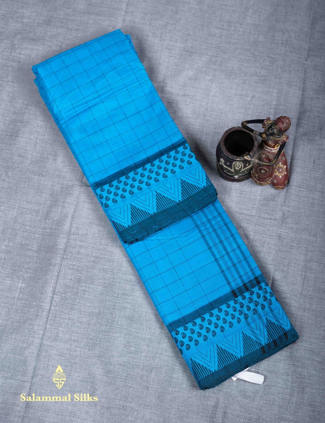 Kanjivaram  Pure Cotton Saree Blue Checks Without Blouse