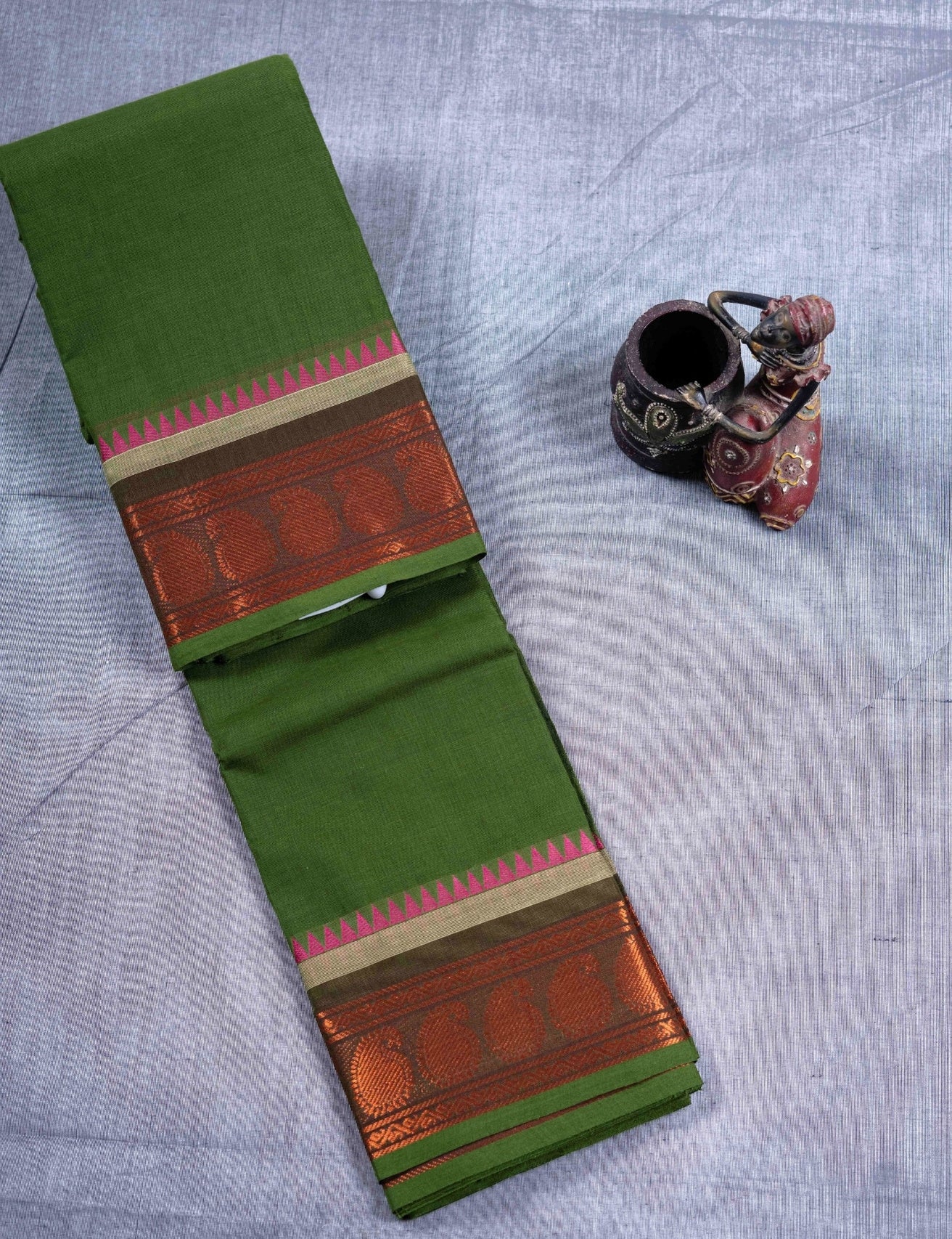 Kanjivaram Pure Cotton Plain Saree Army Green Colour Without Blouse