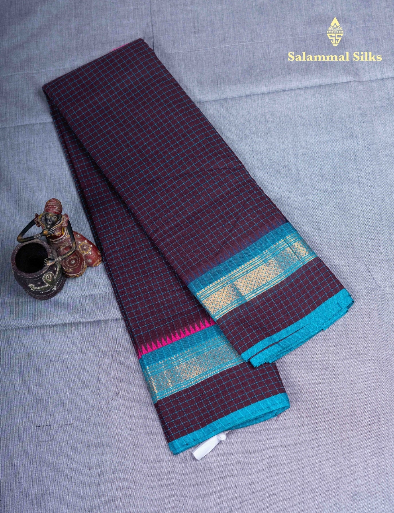 Kanjivaram  Pure Cotton Saree Olive Mustard Yellow Checks Without Blouse