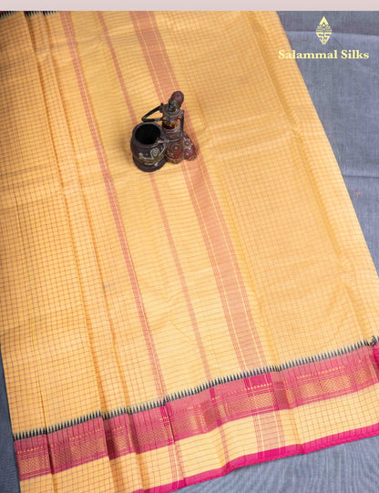 Kanjivaram  Pure Cotton Saree Olive Mustard Yellow Checks Without Blouse