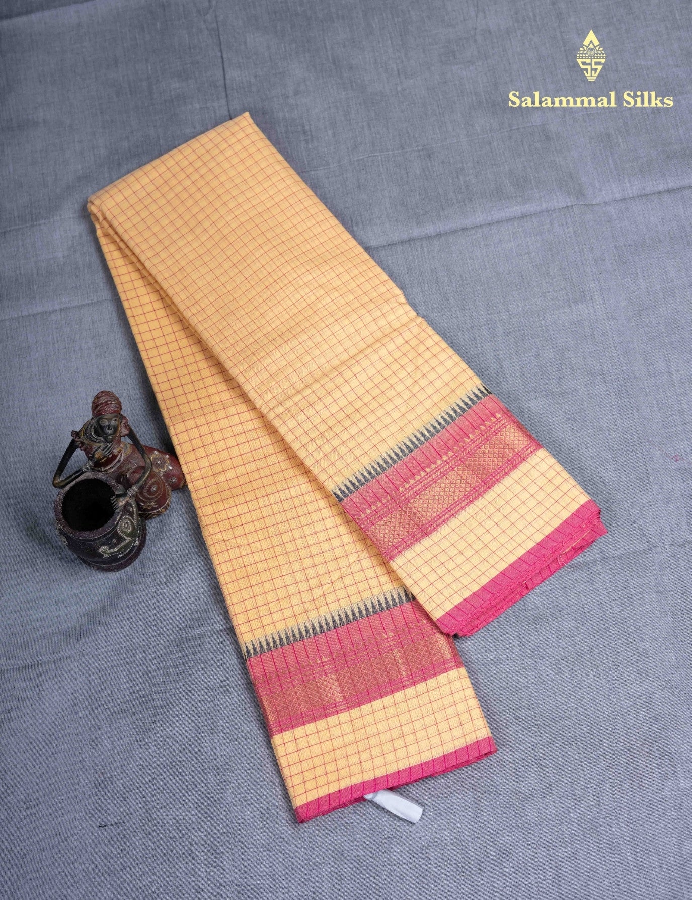 Kanjivaram  Pure Cotton Saree Olive Mustard Yellow Checks Without Blouse