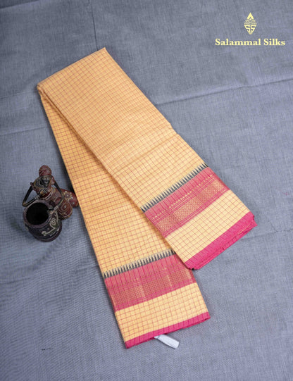 Kanjivaram  Pure Cotton Saree Olive Mustard Yellow Checks Without Blouse