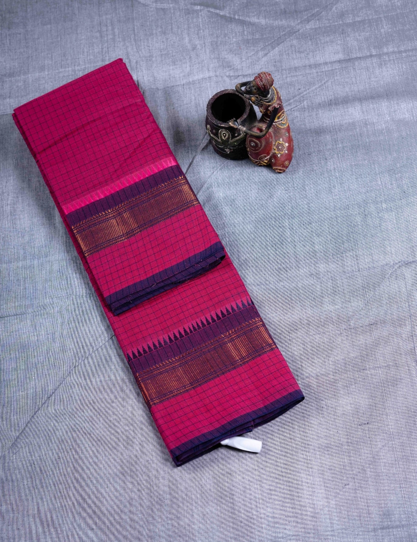 Kanjivaram  Pure Cotton Saree Olive Mustard Yellow Checks Without Blouse