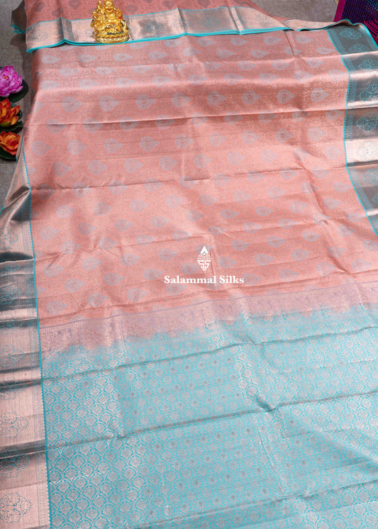Kanjivaram Onion Pink Pure Silk Jacquard Saree With Sapphire Blue Blouse