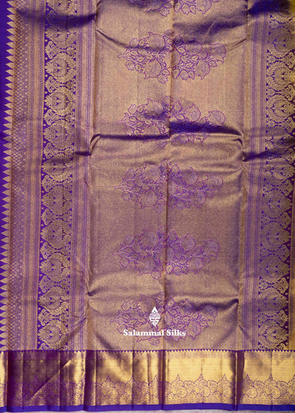 Kanjivaram Mustard Yellow Pure Silk Jacquard Saree With Violet Blouse
