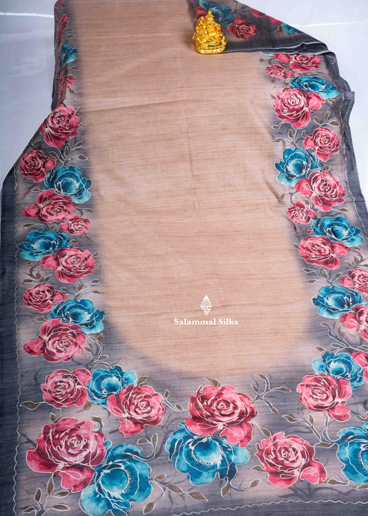 Sandal Semi Tussar Fancy Saree With Gray Blouse