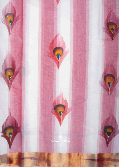 Light Pink Printed Cotton Saree with Copper Zari Border