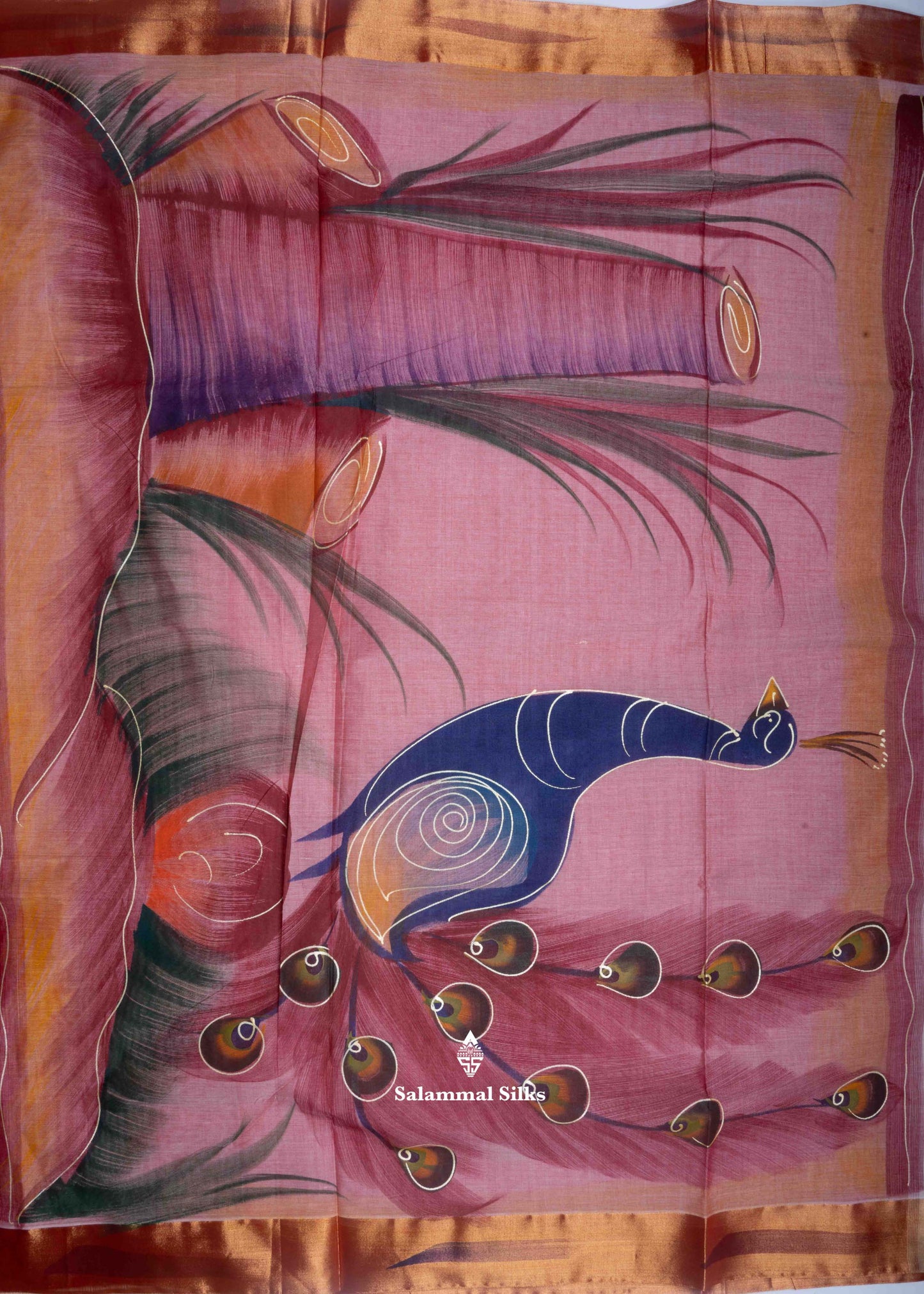 Light Pink Printed Cotton Saree with Copper Zari Border