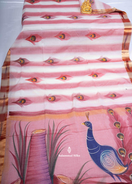 Light Pink Printed Cotton Saree with Copper Zari Border