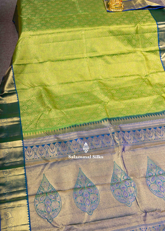 Kanjivaram Parrot Green Silk Saree With Grand Blouse