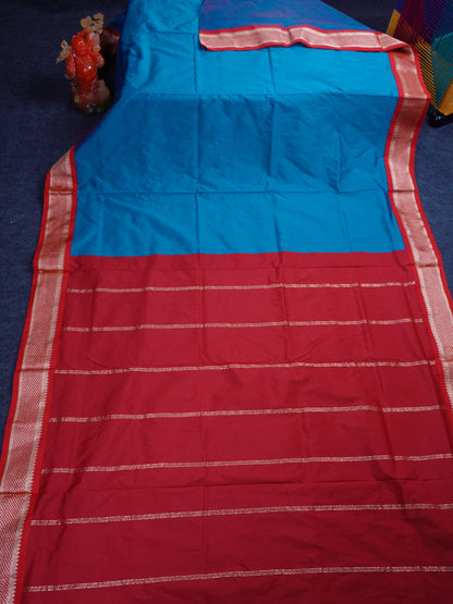 11 Yards Semi Silk Saree Dual Tone Peacock Blue with Contrast Maroon Traditional Border
