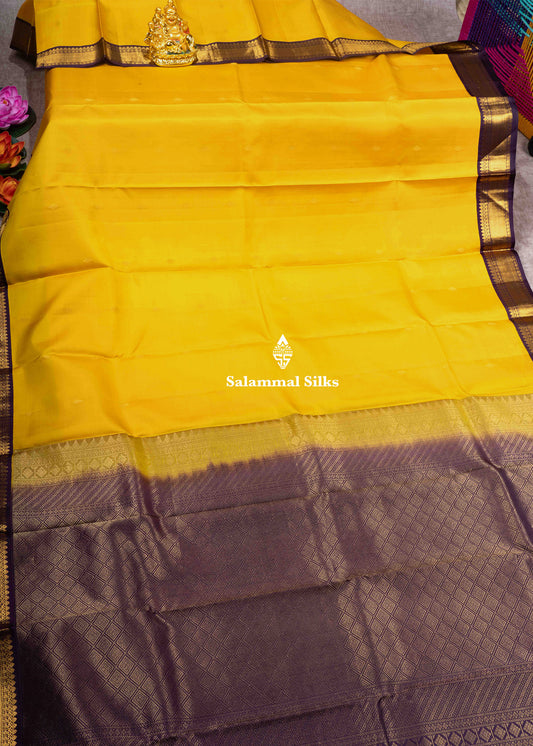 Kanjivaram Yellow Pure Silk Saree With Dark Violet Border