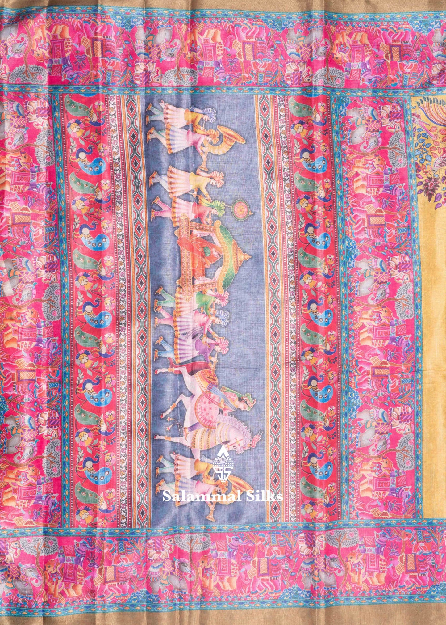 Mustard Yellow Beautiful Kalamkari Tissue Fancy Saree With Blouse