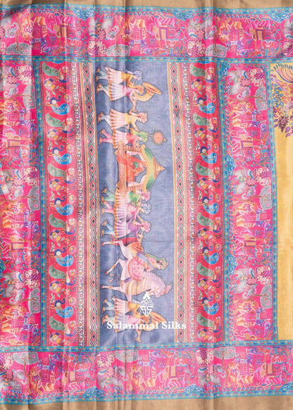 Mustard Yellow Beautiful Kalamkari Tissue Fancy Saree With Blouse